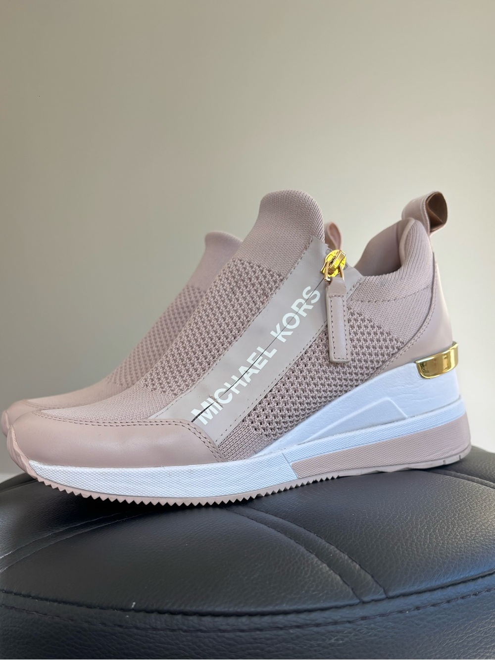 Michael Kors Blush Knit Slip-On Wedge Sneakers with Gold Accent
